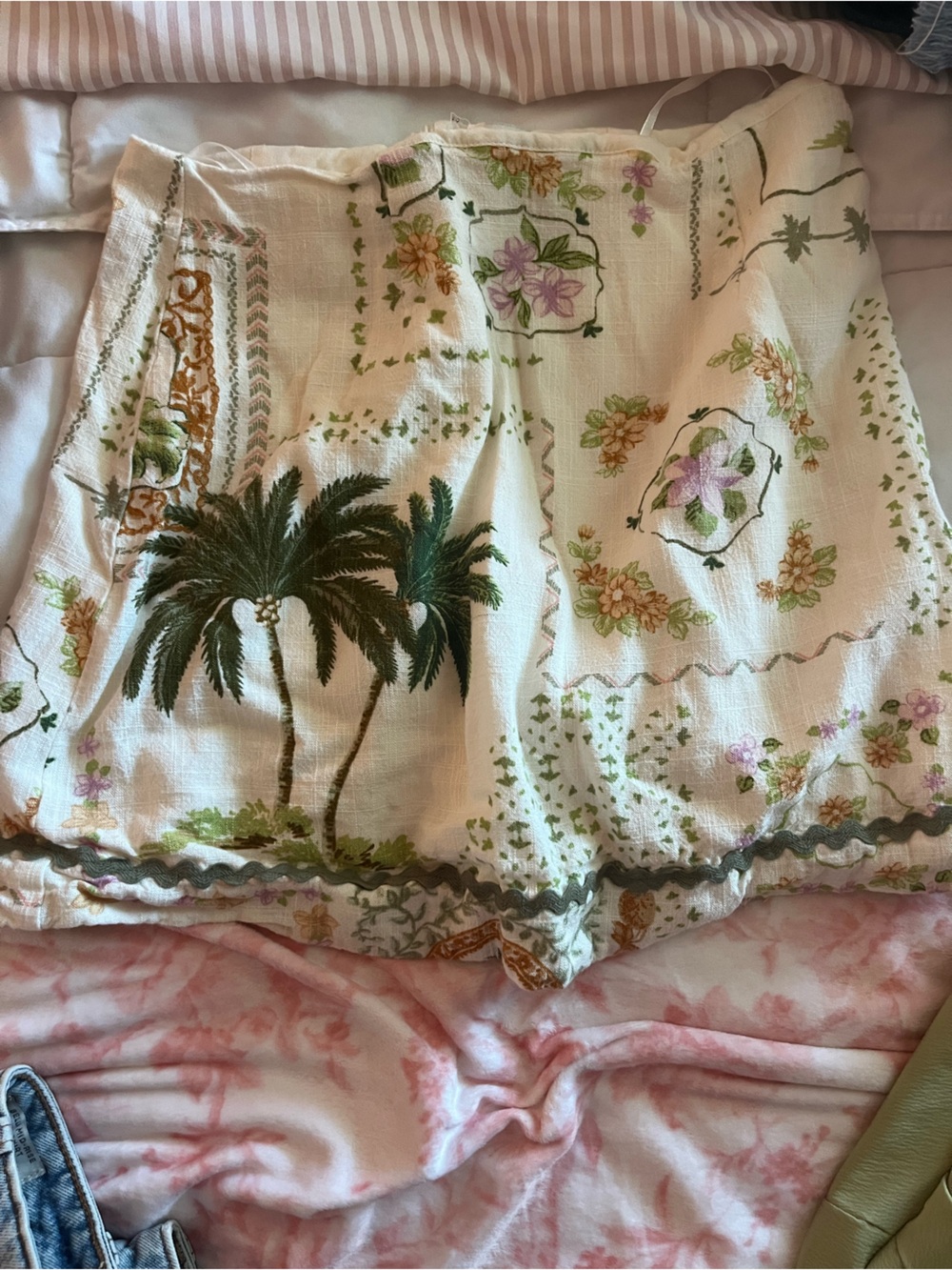 Floral Palm Print Women's Skirt - Cream with Green TOP SOLD SEPARATE